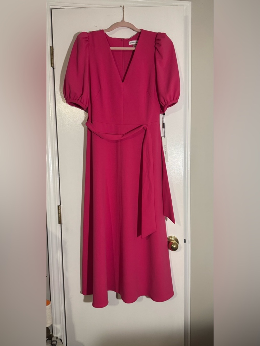 NWT Calvin Klein Hot Pink Midi/Maxi Dress Puff Sleeves tie belt can be removed